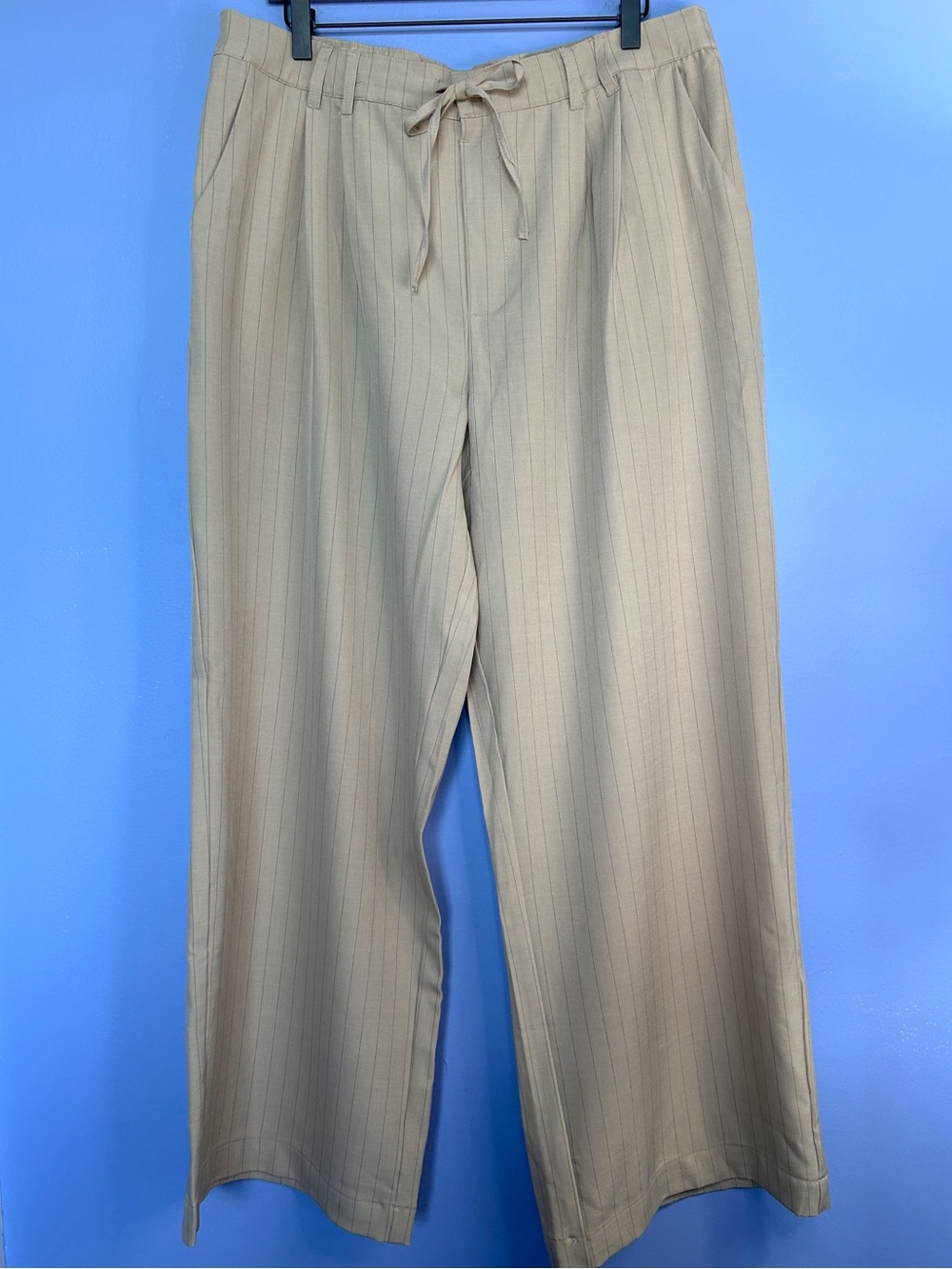 Tan Pinstripe High Waisted Wide Leg Pants